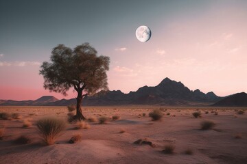 A desert scene with a single tree, distant mountain, pink sky, moon, and clouds. Generative AI