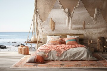 Bohemian beach bedroom decor with wall mockup and 3D rendering. Generative AI