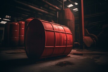 A hazardous red barrel in an industrial factory. Generative AI - obrazy, fototapety, plakaty