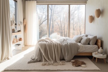 Scandinavian-inspired cozy dreamy bedroom with light wood accents, neutral tones, and minimalist decor, offering a calming and tranquil retreat - Generative AI