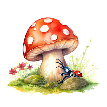 A painting of a ladybug sitting on a mushroom. Generative AI.
