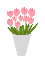 Flat pink tulips bouquet in vase vector illustration. Pink tulips in grey vase isolated