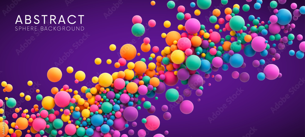 Wall mural Abstract composition with many colorful random flying spheres. Colorful rainbow matte soft balls in different sizes. Vector background