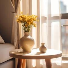 Cozy home interior with beige wooden table with a yellow vase
