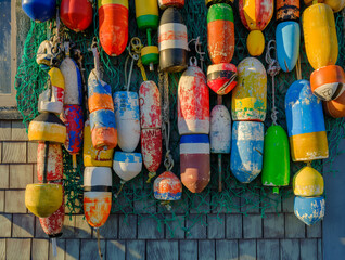 Very bright and colorful older lobster floats hanging on a clapboard fishing shack in the harbor town of Rockport Massachusetts
