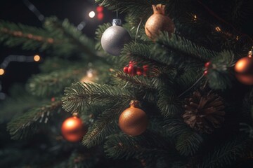 Obraz na płótnie Canvas A Christmas tree branch with ornaments on a background. Generative AI