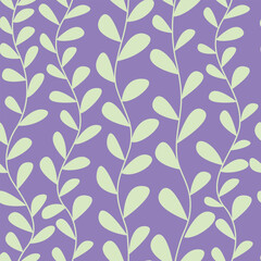 Vector vectical leaves seamless pattern. Green leaf plant seamless pattern on purple background