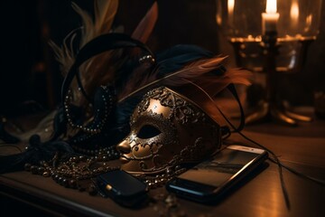 A vintage cellphone rests beside a masquerade mask. Generative AI