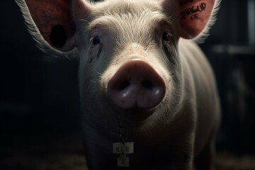 Image of a pig with the identification tag number 001. Generative AI - obrazy, fototapety, plakaty