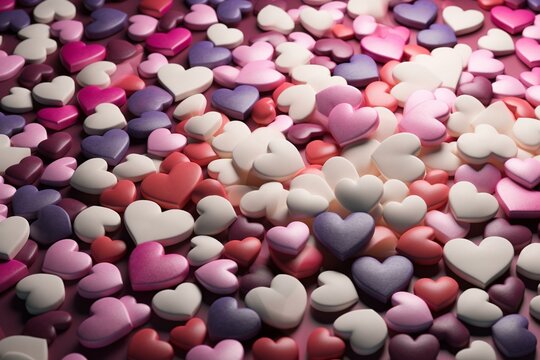 Colorful heart backdrop with white and pink love hearts. Valentine background in 3D. Generative AI
