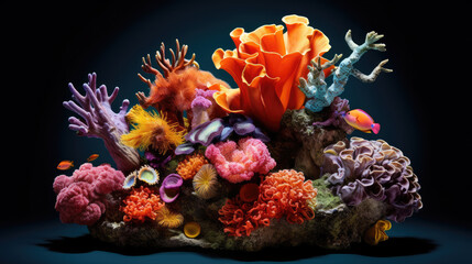 Beautiful colorful underwater world with corals and tropical fish in low light