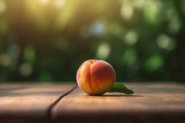 A close-up of a peach on a wooden table with a blurred peach tree in the background, creating blank space for product advertising. Finest. Generative AI