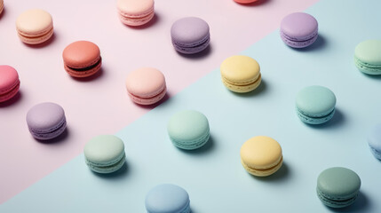 Obraz na płótnie Canvas Sweet multi-colored confectionery macarons in a pattern, on a background divided into purple and blue colors