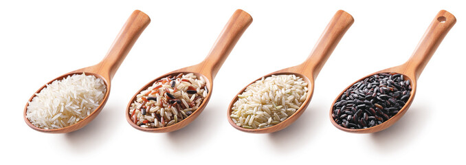 Set of different types of rice in a wooden spoon isolated on white background. Collection of wooden spoon with white, black, wild, brown, red rice.