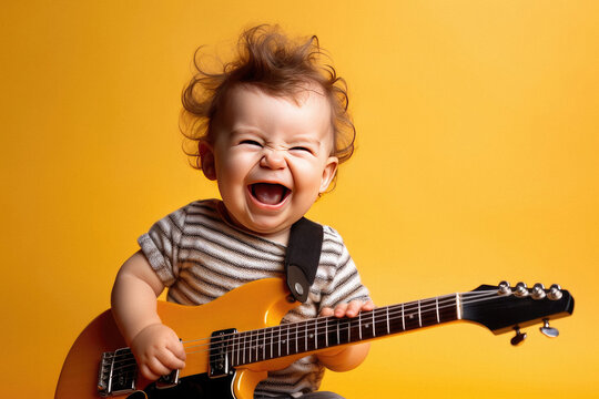 Funny cheerful cool child playing guitar and singing on a yellow background created with Generative AI technology