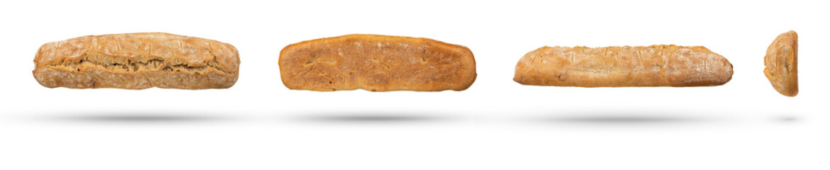 Set of loaves of fresh ciabatta bread from all sides on a white isolated background. A whole loaf...