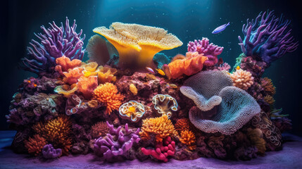 Obraz premium Underwater island of coral reefs and other plants of the underwater world and flora with fish around