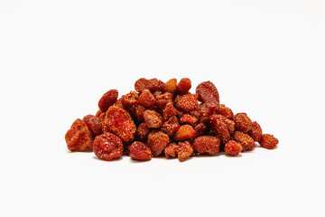 Dried strawberries on a white background.