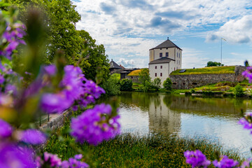 Fototapeta premium View of Nykoping castle, Sweden over the river with purple flowers in the foreground.