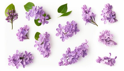 Fototapeta na wymiar collection of small purple lilac flowers isolated, floral spring design elements with subtle shadows, top view, white background