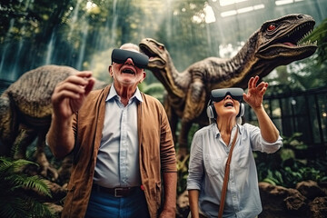 Fototapeta na wymiar Funny elderly retired grandparents together wearing virtual reality glasses for gaming entertainment created with Generative AI, VR concept