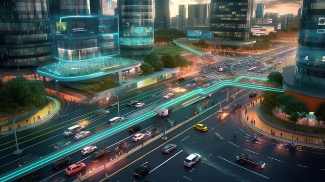 Autonomous vehicles navigating city streets, revolutionizing commuting, reducing traffic congestion, and promoting sustainable mobility solutions. Generative AI