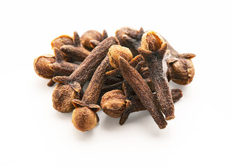 Dry cloves on white background. Spice cloves macro close-up.