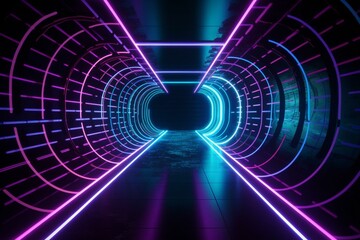 A futuristic tunnel with neon purple and blue circles, glossy floor and virtual laser trails. 3D rendering of a modern sci-fi warehouse. Generative AI