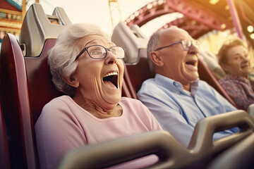 Funny elderly cool crazy retired grandparents together riding on roller coaster in amusement park, active old age created with Generative AI