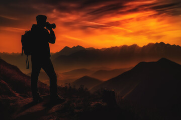silhouette of a photographer against the backdrop of mountains at sunset, Generative Ai