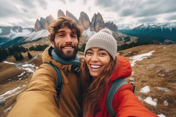 Fototapeta na wymiar Selfie photo of happy smiling cute couple wanderers during traveling together at beautiful destination in the mountains made with Generative AI technology