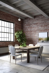 Fototapeta na wymiar dining table takes center stage in a modern loft setting with an emphasis on functionality. The background showcases a combination of exposed brick walls