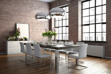 dining table takes center stage in a modern loft setting with an emphasis on functionality. The background showcases a combination of exposed brick walls