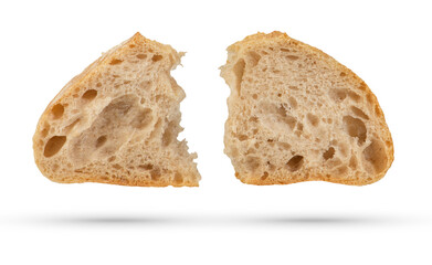 Two slices of fresh Ciabatta bread on a white isolated background. Slices hang or fall on a white...