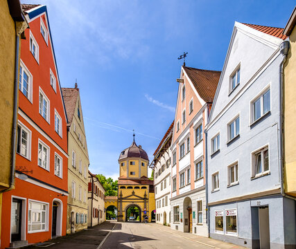 Memmingen, Germany - May 21: historic buildings at the old town of Memmingen on May 21, 2023