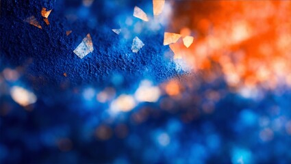 Fractured background. Blur lens flare. Dark shattered distressed dirty faded screen matrix texture with dust scratches smeared stains defocused orange blue white glow, generative ai