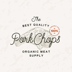 Pork Chops Vintage Vector Label Logo Template. Engraving Style Meat Illustration with Typography. Hand Drawn Retro Drawing Emblem Isolated