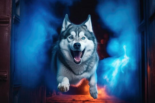 An AI generated illustration of a husky walking through a galactic portal to get to another world
