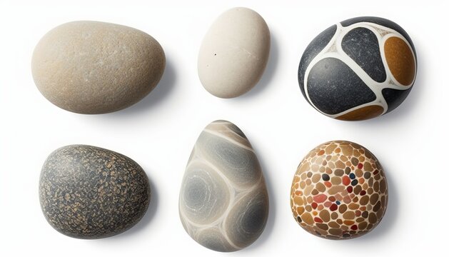 set of six different natural pebbles, stones with interesting patterns and colors isolated, top view, white background