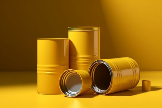 Yellow Background With Paint Cans And Empty Space. Rendered In 3D. Generative AI