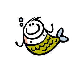 Fat male mermaid under the water swimming in the sea. Vector illustration of fantastic creature.