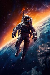 Astronaut floating in space above the Earth-like planet