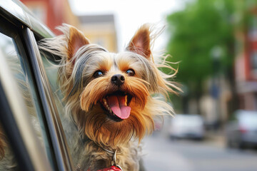 cute, sweet, Yorkshire terrier dog looks out of the car window with his tongue sticking out, Generative AI