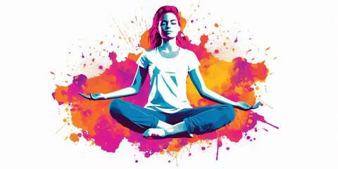 Obraz na płótnie Canvas Rainbow silhouette of happy yoga girls. Contemporary art collage of young girl meditating, doing yoga. Concept of art, creativity, healthy lifestyle. International day of yoga. AI Generated
