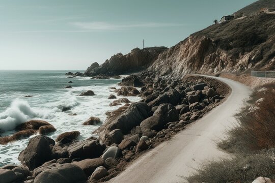 Wavey Mexican coastline with rocks and road. Generative AI