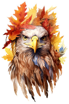 A painting of an eagle with leaves on its head. Generative AI. Tribal native american spirit illustration.