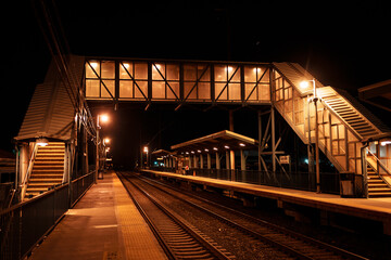 Long Island Railroad station at night, Sayville, New York