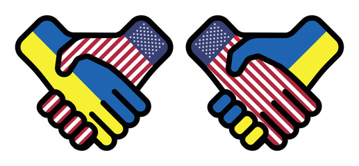 The handshake symbol in the colors of the national flags of the USA and Ukraine represents the unity and friendship between the two nations.