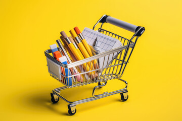 miniature shopping cart containing various office supplies, such as pens, papers, and notebooks, on a yellow background. productivity concept. Generative AI