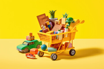 miniature toy shopping cart containing books, toys, games, on a yellow background. fun and relaxing shopping experience concept, Generative AI
